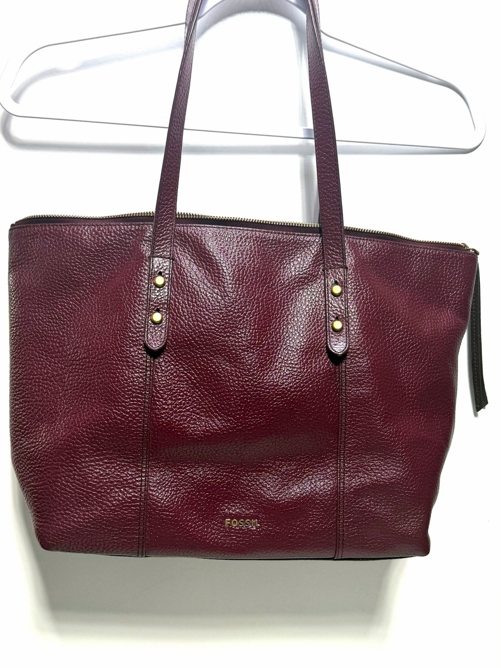 Fossil Pebbled Leather Tote in Deep Burgundy